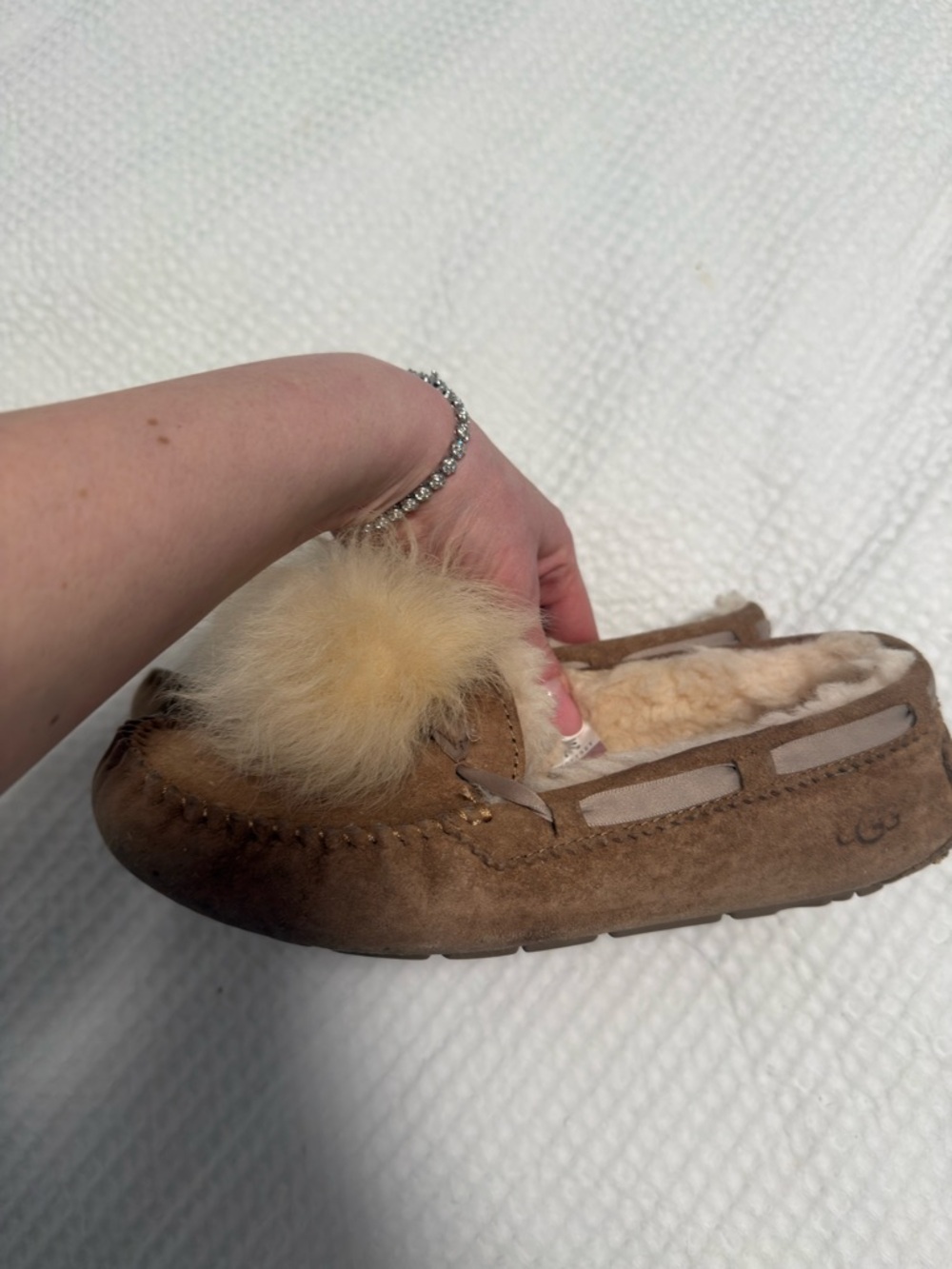 UGG Chestnut Brown Suede Pom-Pom Moccasin Slippers